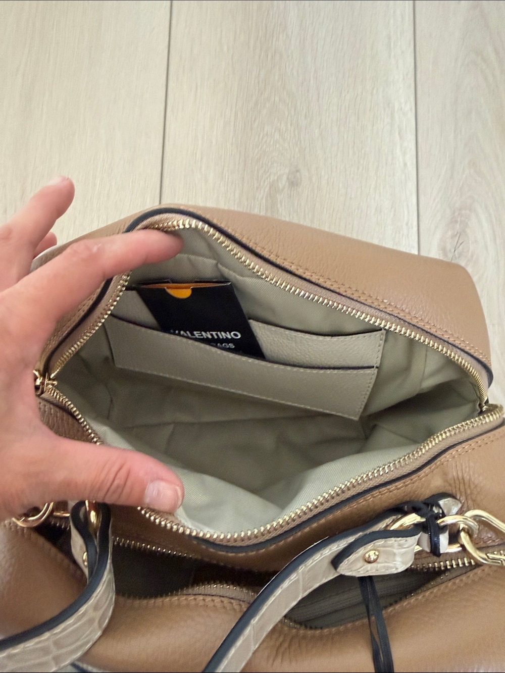 Valentino Cream and Brown Leather Crossbody with Embossed V Logo - Picture 14 of 16